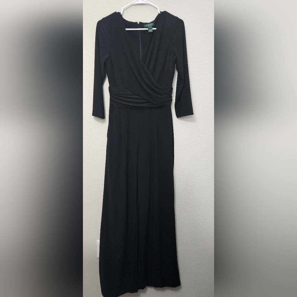 Lauren Ralph Lauren 8 black v neck faux wrap 3/4 sleeve wide leg black jumpsuit
